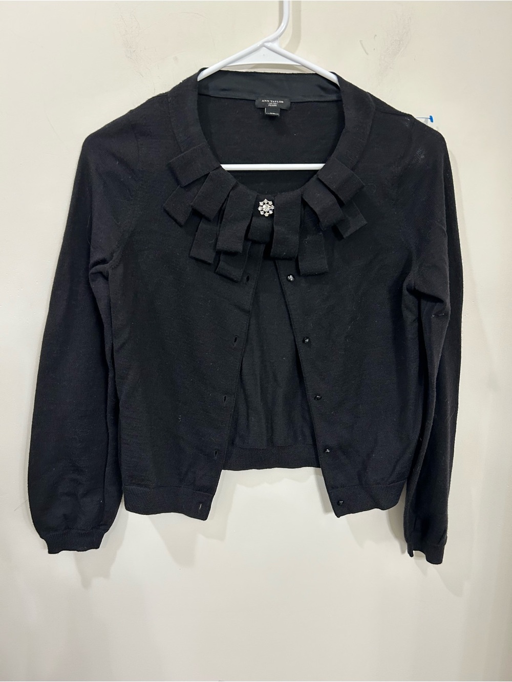 Ann Taylor SP Black Bow-Accent Cropped Cardigan Sweater